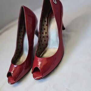 Fergalicious Glossy Red Peep-Toe Heels